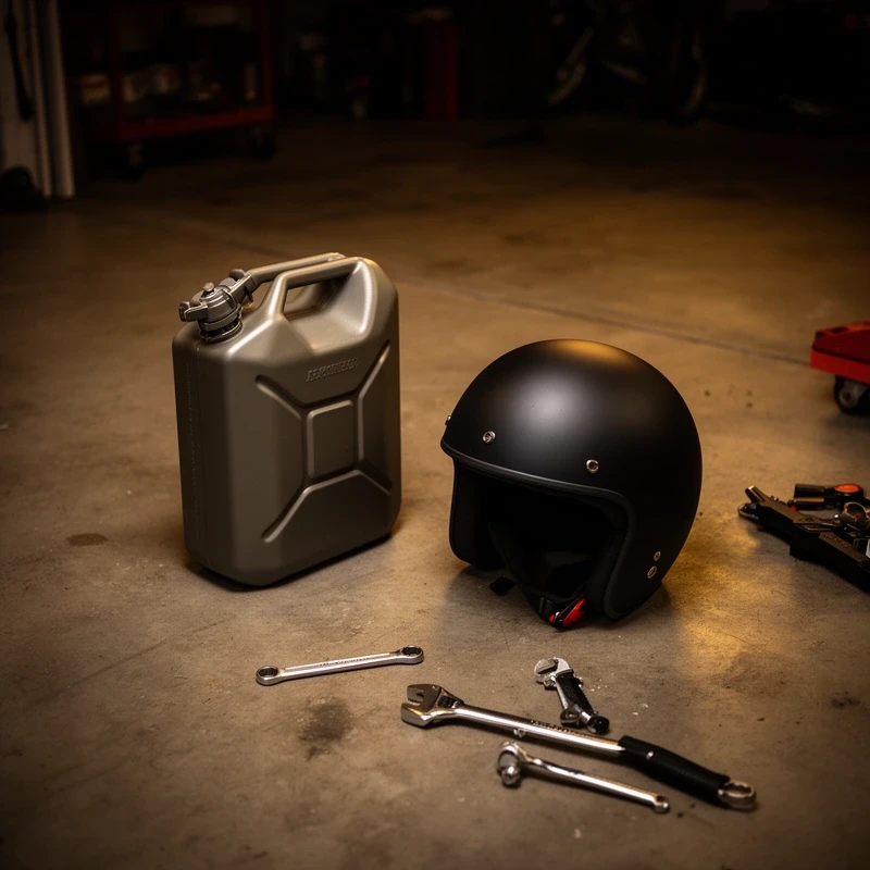A jerrycan and a helmet on the floor of a paddock garage