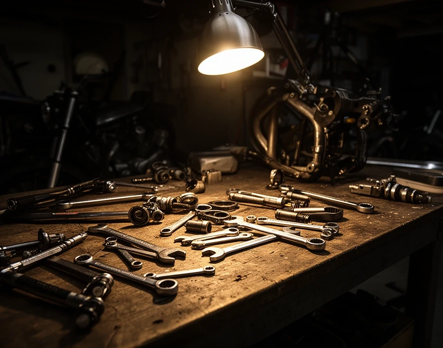 A motorcycle workshop bench with tools and parts laid out