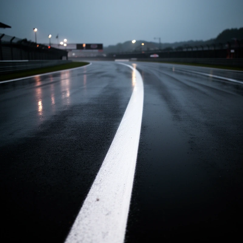 Wet asphalt with a single dry racing line cutting across