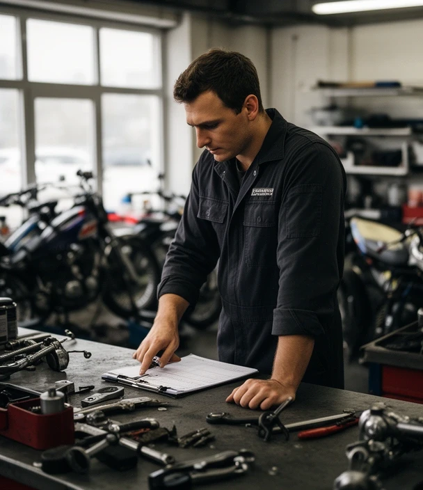 A mechanic leaning on a workbench, looking at a clipboard