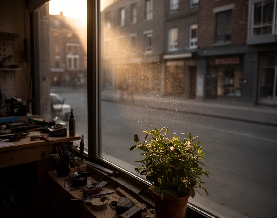 The workshop window looking out onto a quiet Montreal street